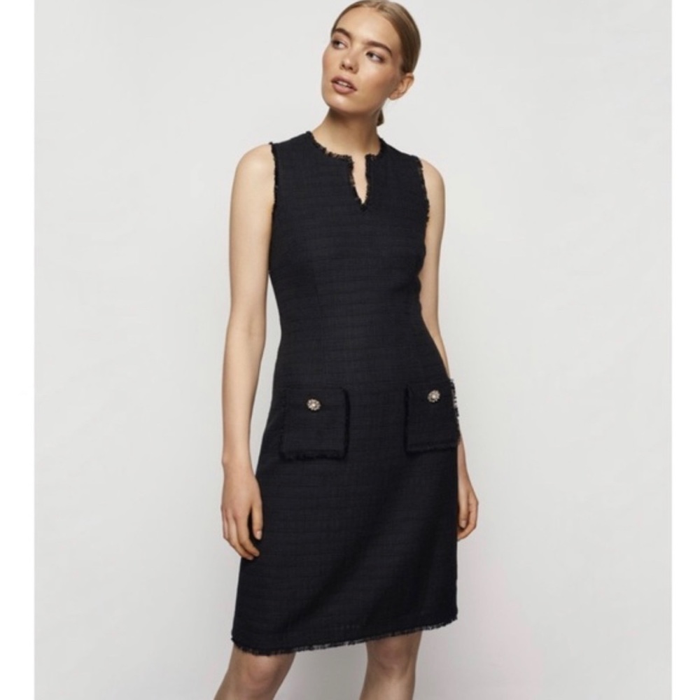Karl Lagerfeld Paris tonal Tweed black Dress size 8 ruff edges @O